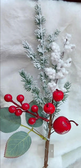 Crenguță artificială de Crăciun cu mere roșii și brad cu zăpadă - 30cm 10/set